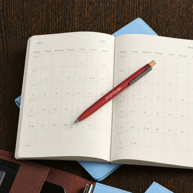 Open 2027 diary showing monthly planning pages with a branded pen