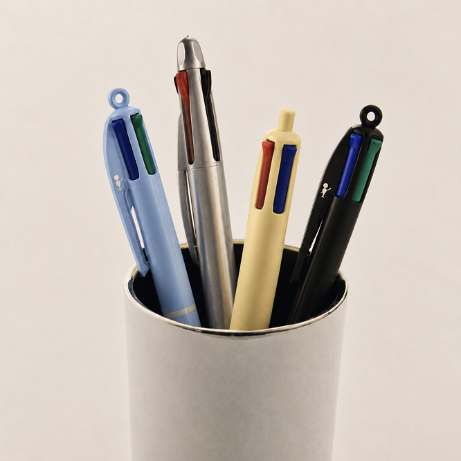 Four-colour pens in blue, silver, yellow and black