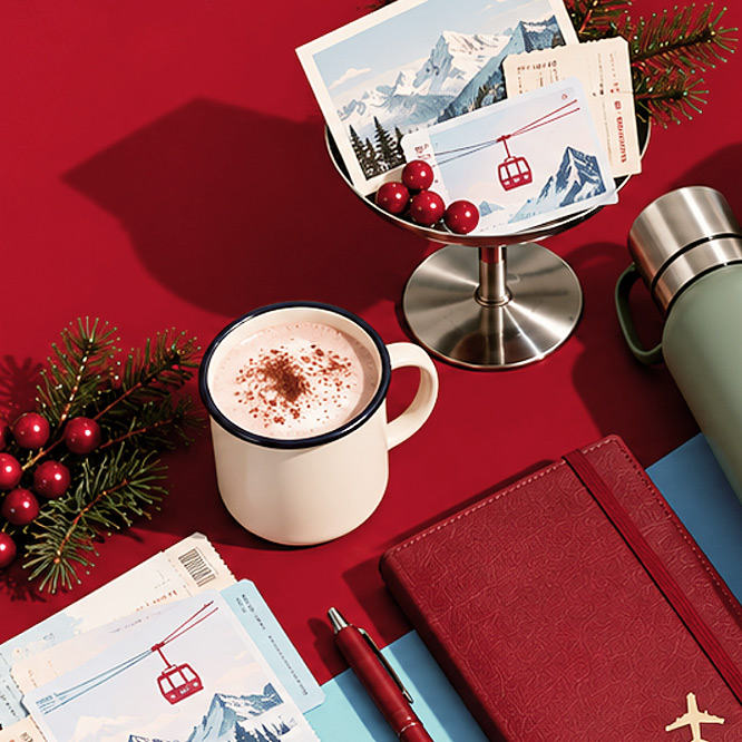 Corporate Christmas gifts including a mug, bottle, notebook and pen