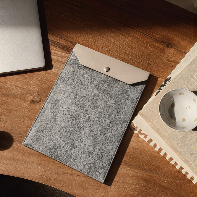 Grey felt document pouch with a beige flap and press-stud fastening