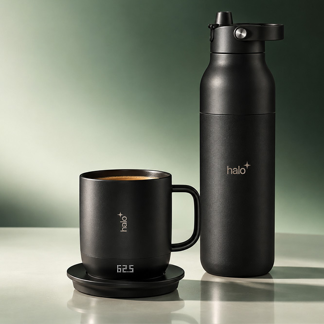 Matching black branded mug and water bottle