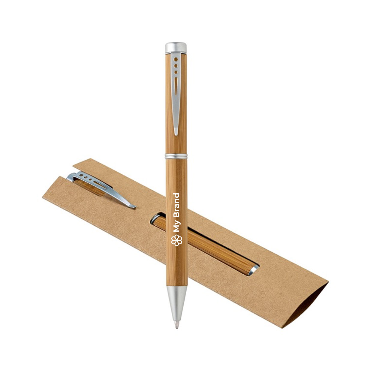 Bamboo pen with twist mechanism and metal clip, blue ink