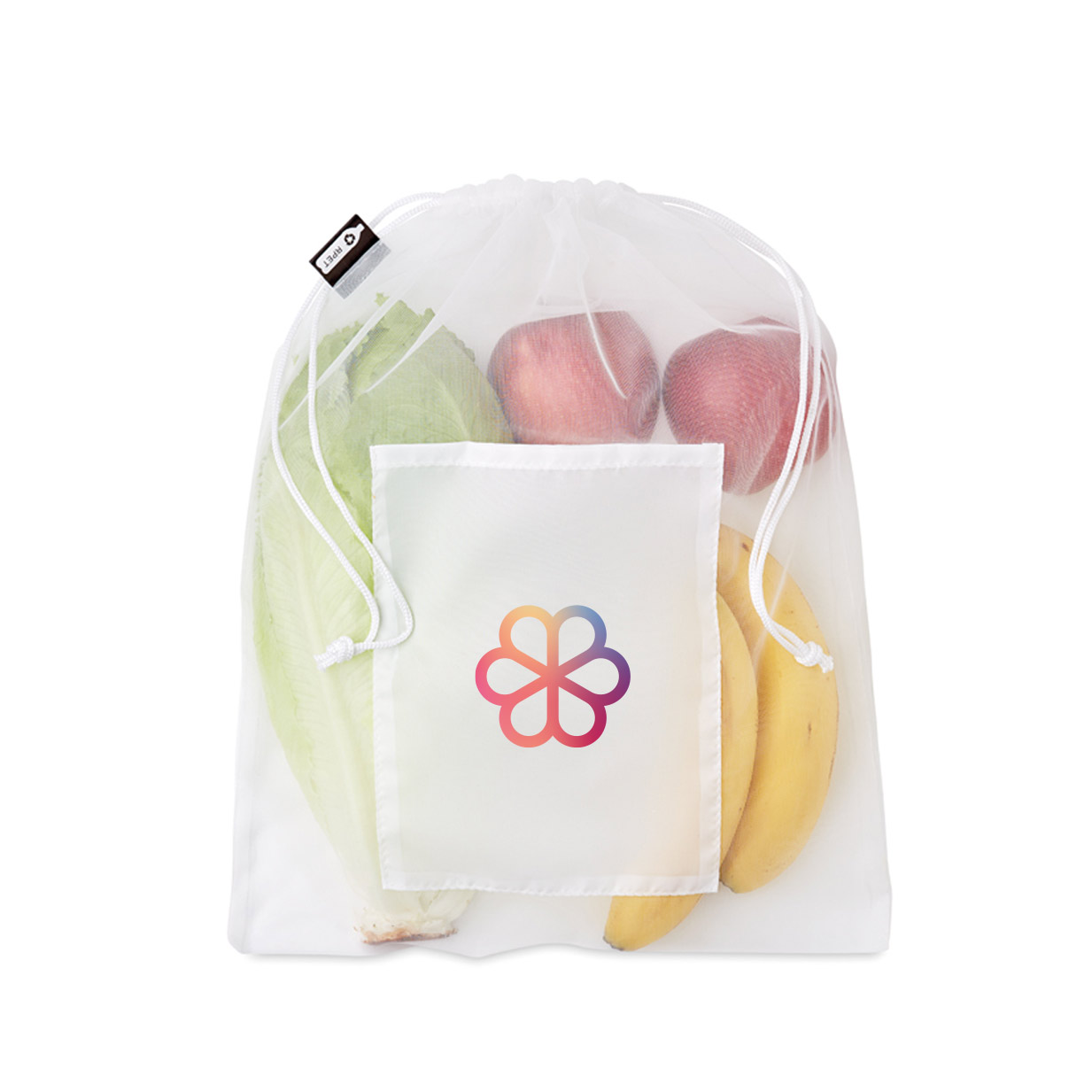 Fruit bag made from recycled plastic mesh with an inner pocket