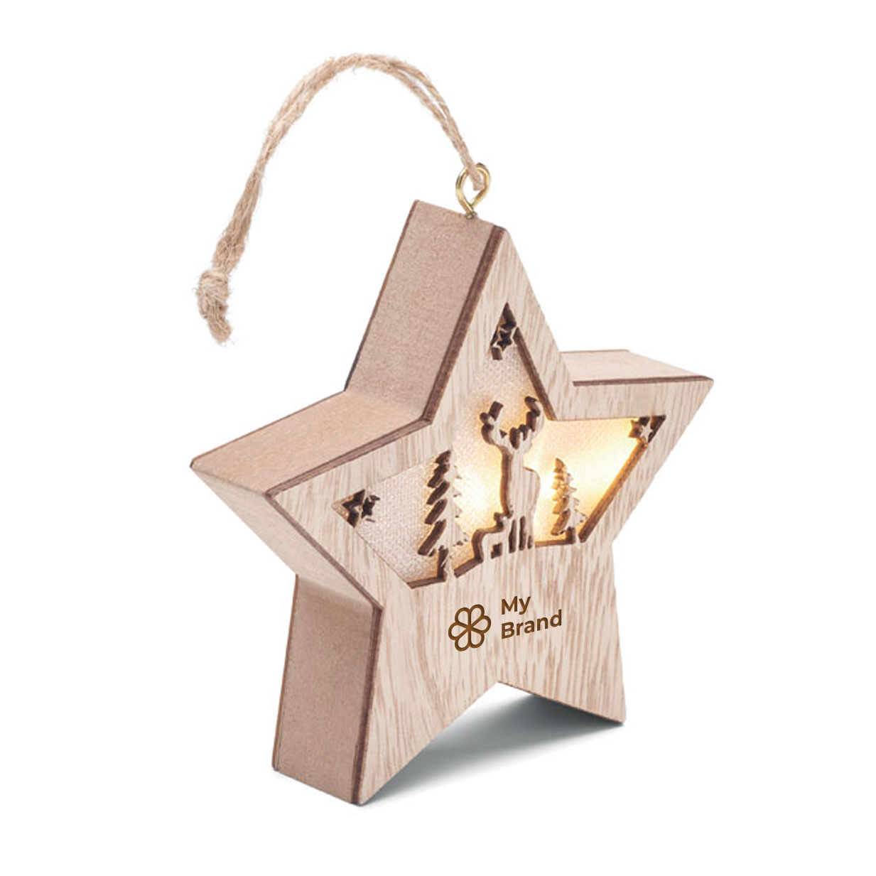 Wooden Christmas star with lights and cord for hanging