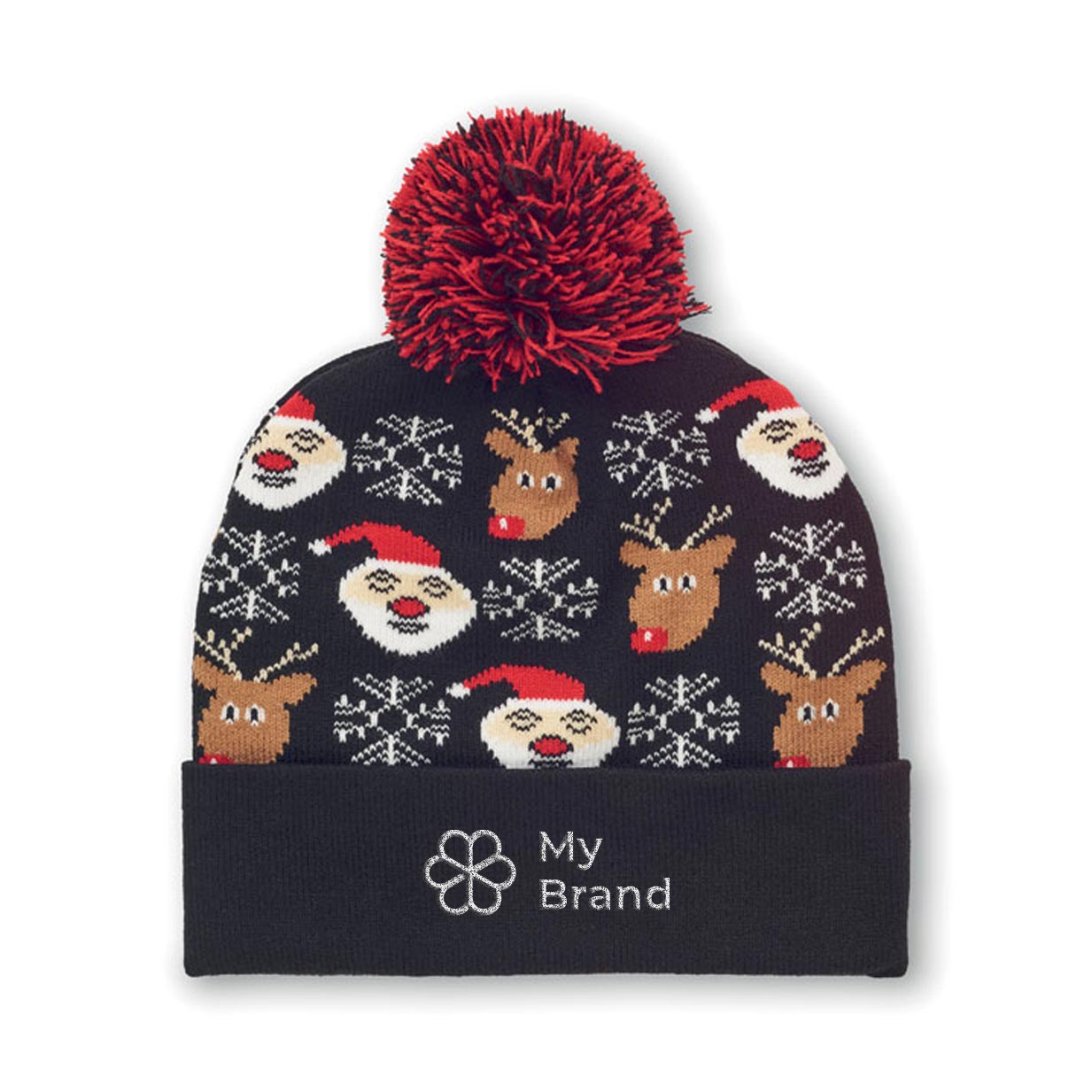 Knitted Christmas hat with band and pompom