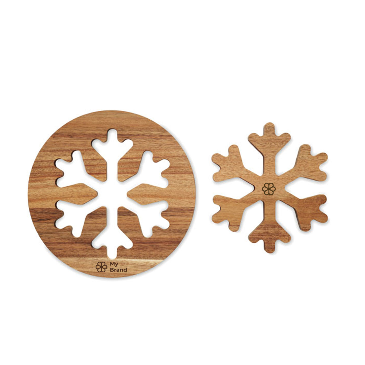 Set of 2 acacia wood coasters in the shape of a snowflake