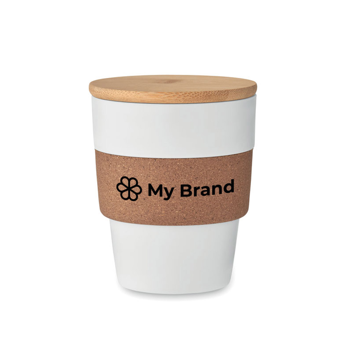 Recycled plastic cup with cork band and bamboo lid, 300 ml